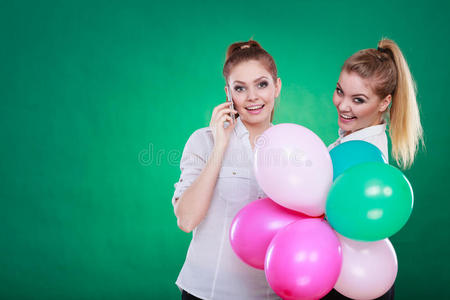 女人 气球 电话 乐趣 青少年 快乐 庆祝 朋友 周年纪念日