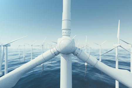 美丽的风力涡轮机在海洋。 清洁能源风能生态理念。 三维渲染