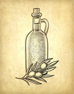 一瓶橄榄油和橄榄枝。