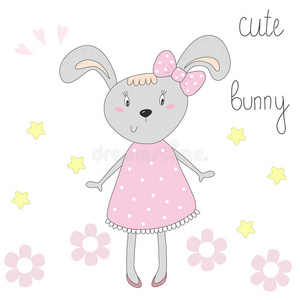 可爱的兔子穿着粉红色的连衣裙矢量插图