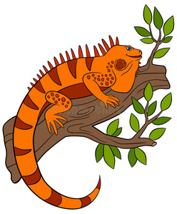 卡通动物。 可爱的橙色鬣蜥坐在树枝上。