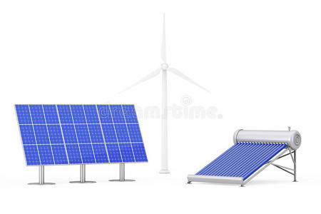 蓝色太阳能电池板，风车和热水器面板。 三维渲染