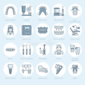 牙医，正畸线图标。 牙科护理设备，牙套，牙齿假体，贴面，牙线，龋病治疗和