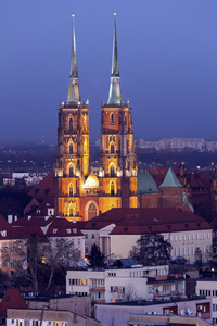 地标 教堂 照亮 弗罗茨瓦夫 建筑学 傍晚 城市景观 日落