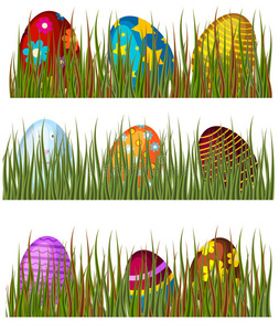 复活节彩蛋在绿草春天五颜六色的庆祝装饰节日矢量图标。
