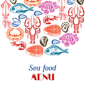 各种海鲜的背景。 鱼类贝类和甲壳类动物的插图