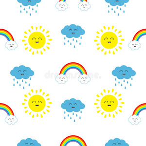可爱的卡通卡瓦伊太阳，云与雨，彩虹设置。 笑脸情感。 婴儿字符无缝图案包装纸