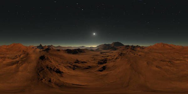 360度火星日落全景图，环境360度HDRI地图。等矩形投影，球面全景。火星景观，3d插图