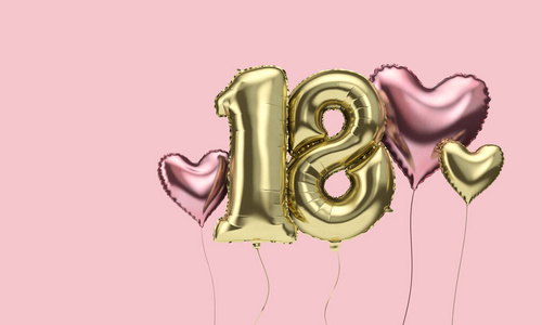 快乐的18岁生日派对庆祝气球与心。三维渲染