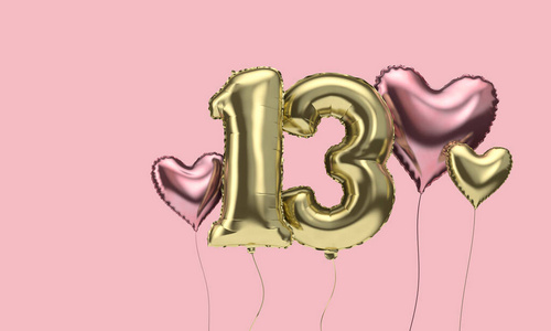 13岁生日快乐派对庆祝气球与心。三维渲染