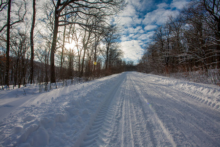 Empty snow covered road in winter landscape