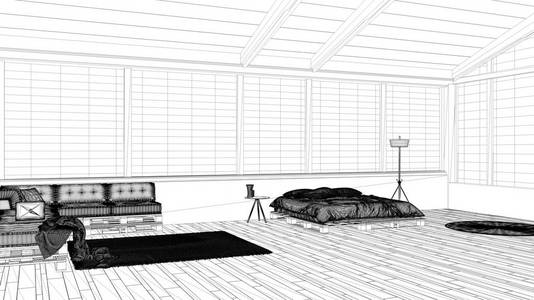 蓝图项目草案，山谷带窗全景卧室，托盘diy床，带枕头的木沙发，地毯，现代建筑室内设计