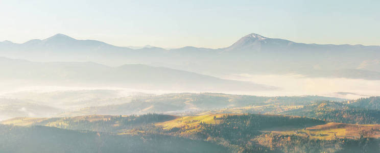 Alpine landscape of the mountain peaks and valleys covered in fo