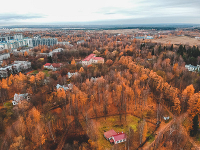 秋林郊区住宅鸟瞰图。俄罗斯圣彼得堡。