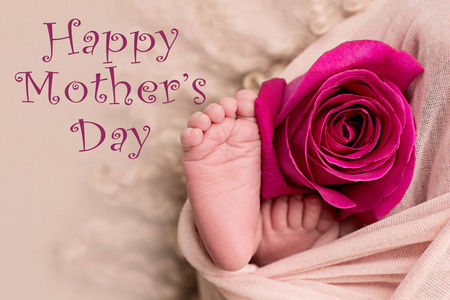 母亲节快乐。新生婴儿的脚上有粉红色的玫瑰花