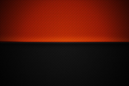 橙色和黑色碳纤维。双色调金属背景和纹理