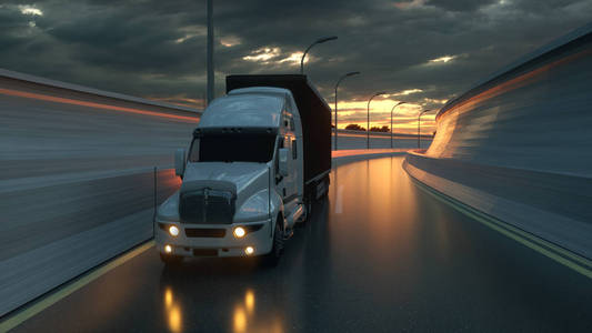 半挂车。卡车在路上，高速公路上。运输，物流概念。三维渲染