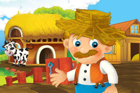卡通场景与快乐的人在农场工作站着和微笑的儿童插图