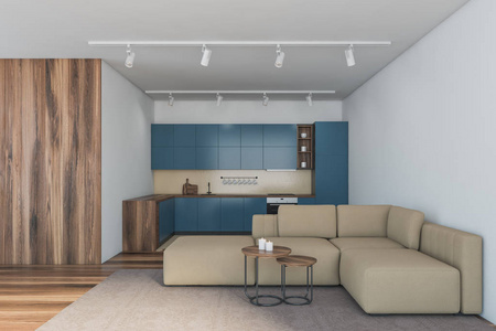 蓝色木质厨房和客厅图片