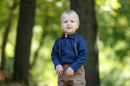 一个可爱的小男孩在大自然的背景下的肖像。在公园散步。家庭生活。