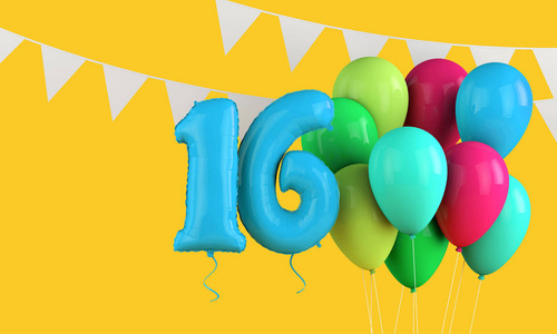 16岁生日快乐五彩缤纷的气球和彩旗。三维渲染