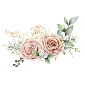 粉红色和金色玫瑰的水彩画圣诞卡。手绘花卉复古花卉，种子和枝条孤立在白色背景上。设计印刷或背景的假日插图。