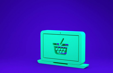 绿色购物篮屏幕笔记本电脑图标隔离蓝色背景。概念电子商务，电子商务，在线商务营销。极简主义概念。三维插图三维渲染