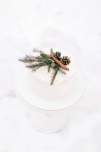 婚礼乡村蛋糕奶油奶酪和冬季装饰，松枝，圆锥体和肉桂。雪上的冬季婚礼蛋糕