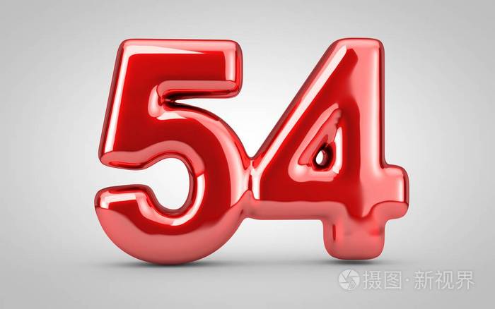 白色背景上隔离的54号红色发光气球。