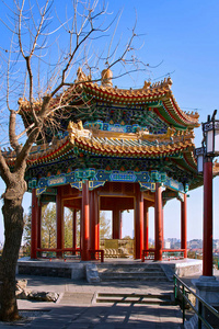 景山公园的采香亭。八角形双层尖顶。中国传统建筑。阿弥陀佛亭