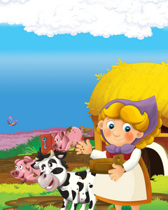 农场农场上快乐农妇的卡通场景为孩子们插画