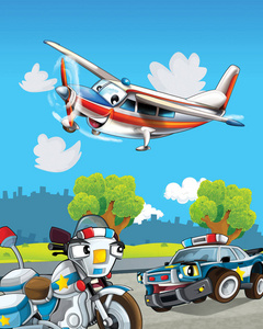 警车驶过城市和紧急飞机飞行的卡通场景儿童插画