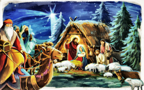 宗教插图三王与神圣家族传统图片