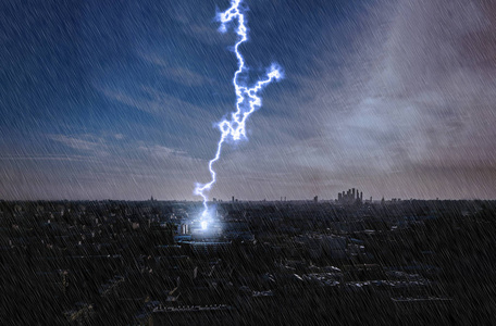 重的 暴雨 放电 罢工 雷电 暴风雨 城市 危险 极端 等离子体