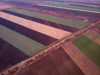 Aerial view of plowed field 