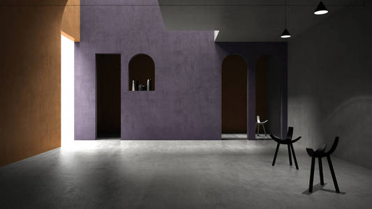 经典的紫色和黄色混凝土室内空间，阳光投射在墙上，大厅，客厅，休息室，几何结构设计吊灯和扶手椅
