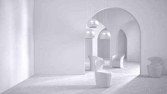 全白色项目草案，经典玄学超现实主义室内设计，客厅陶瓷地板，开放空间，拱门带扶手椅，不同寻常的建筑，项目理念