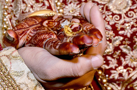 印度新娘和新郎在印度教婚礼仪式上手拿戒指