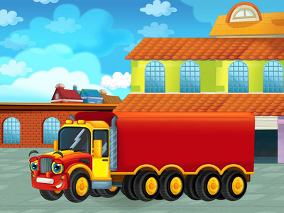 汽车在车库或修理站附近道路上的卡通场景儿童插图