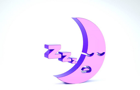白色背景上孤立的紫色月亮图标。多云夜征。睡梦符号。夜间或睡觉时间标志。三维插图三维渲染