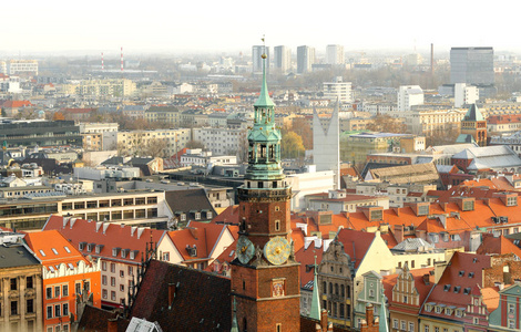 波兰弗罗茨瓦夫市全景鸟瞰图。从中央塔顶俯瞰。
