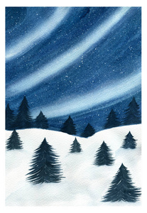 松木 风景 水彩 绘画 自然 卡片 寒冷的 星星 假日 天空