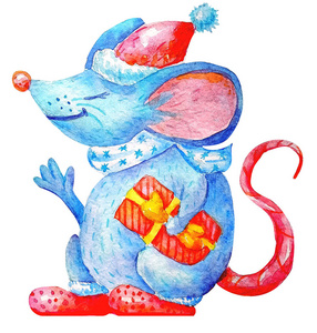 可爱的圣诞老鼠穿着靴子和围巾，手里拿着礼物盒。圣诞老人帽子里的水彩老鼠。新年可爱卡通手画老鼠孤立在白色背景。2020年春节