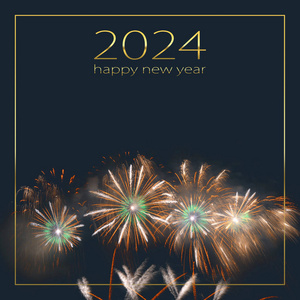 五颜六色的烟花爆竹在黑暗的背景下，用2024年新年快乐的字样填满了夜空的黑暗。