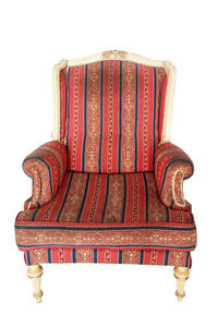 复古象牙木扶手椅，红色条纹布装饰