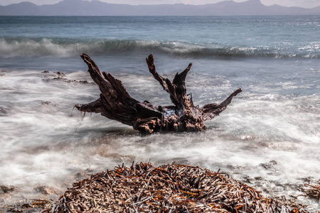 马洛卡海岸，海浪很小，前面有一个大木凳长曝光