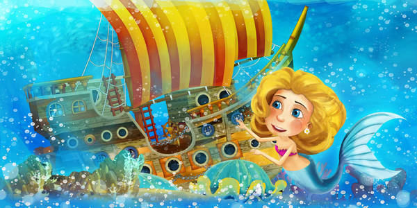 卡通海洋场景和水下王国中的美人鱼公主在沉没的海盗船附近游泳和娱乐儿童插图