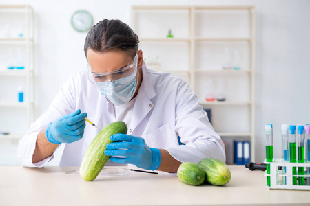 男性营养专家在实验室测试蔬菜