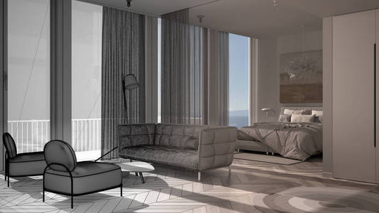 建筑师室内设计师概念未完成的项目，成为现实，一居室公寓，室内设计，拼花地板，开放空间客厅有沙发，卧室。全景窗