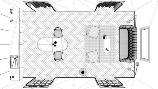 蓝图项目草案，豪华休息室，客厅和厨房在经典的房间，灰泥模制墙壁和拼花地板。岛上有椅子扶手椅沙发和地毯，俯视图